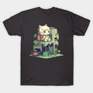 Small cute cat character sitting on a small building T-Shirt